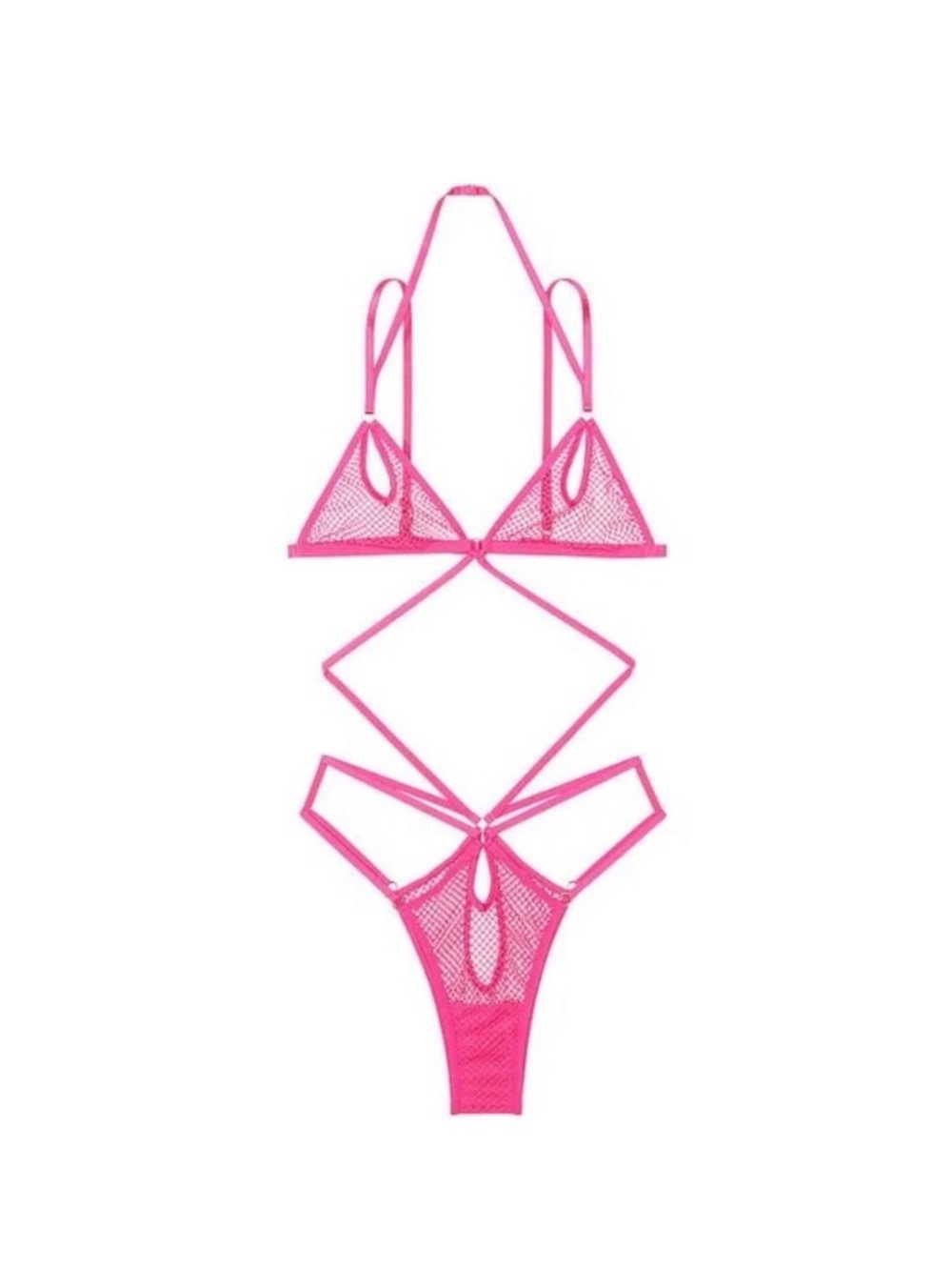 NWT Victorias Secret Sz L Sexy Pink Fishnet Mesh Unlined Strappy Teddy Bodysuit